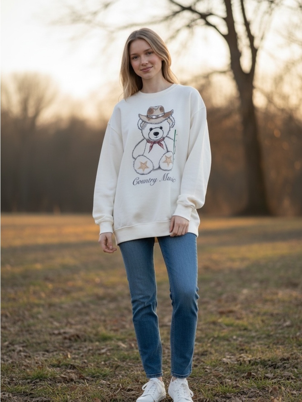 Zoe + Liv White Country Music Bear Sweatshirt
